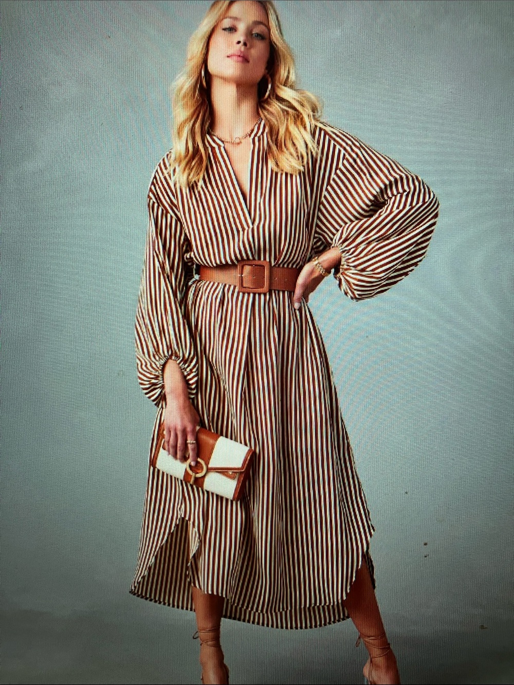 Striped Brown & White V-Neck loose striped shirt Midi Dress with Belted Waist